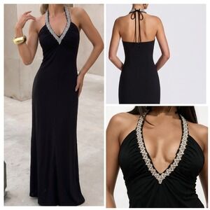 VTG Black Halter Maxi Dress M Deep Plunge Swarovski Crystals Whimsigoth Prom NWT